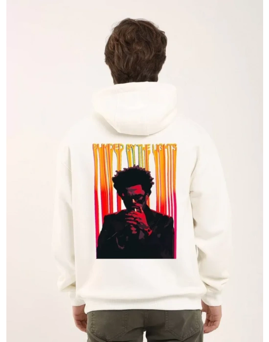 Unisex Baskılı Oversize Üç İplik Kapüşonlu weatshirt  Beyaz