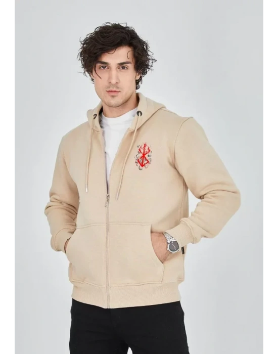 Unisex Baskılı Tam Fermuarlı Kapşonlu weathirt  Bej