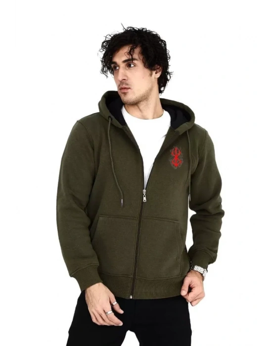 Unisex Baskılı Tam Fermuarlı Kapşonlu weathirt  Haki