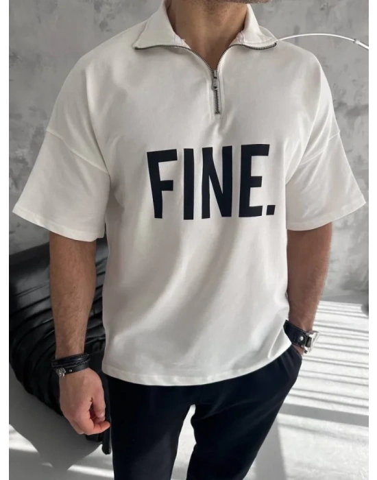 Unisex Baskılı Yarım Fermuarlı Thirt  Beyaz