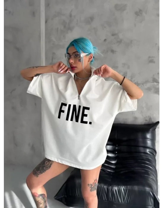 Unisex Baskılı Yarım Fermuarlı Thirt  Beyaz