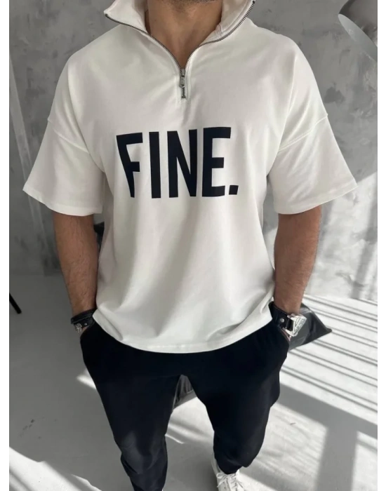 Unisex Baskılı Yarım Fermuarlı Thirt  Beyaz