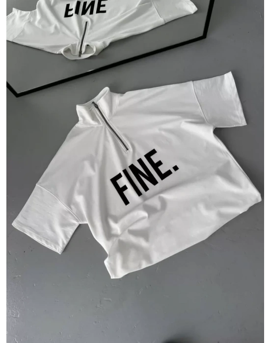 Unisex Baskılı Yarım Fermuarlı Thirt  Beyaz