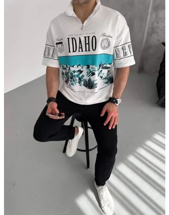Unisex Baskılı Yarım Fermuarlı Thirt  Beyaz