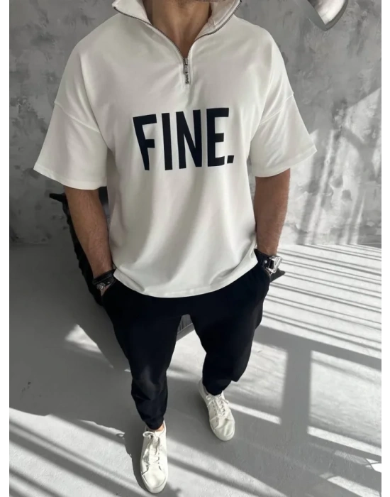 Unisex Baskılı Yarım Fermuarlı Thirt  Beyaz