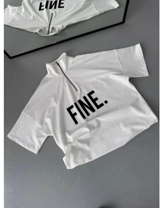 Unisex Baskılı Yarım Fermuarlı Thirt  Beyaz