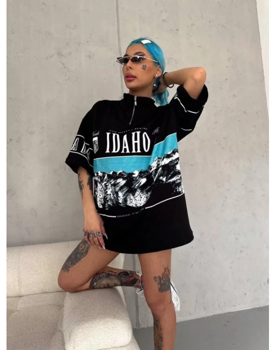 Unisex Baskılı Yarım Fermuarlı Thirt  iyah