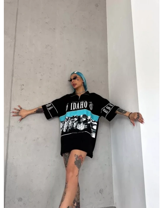 Unisex Baskılı Yarım Fermuarlı Thirt  iyah