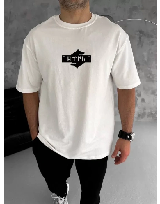 Unisex Bisiklet Yaka Baskılı Double Oversize Thirt  Beyaz