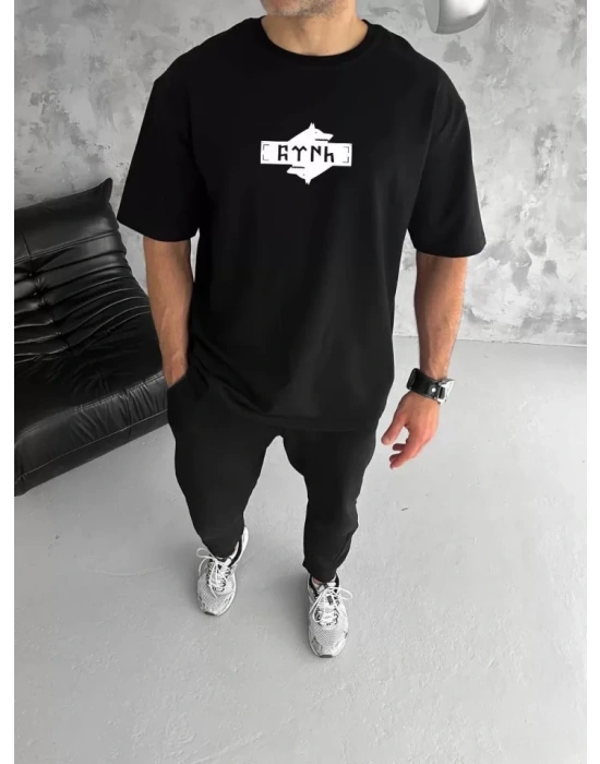 Unisex Bisiklet Yaka Baskılı Double Oversize Thirt  iyah