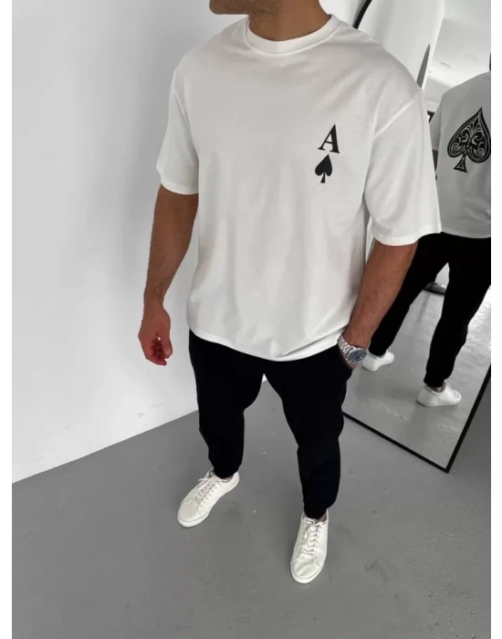 Unisex Bisiklet Yaka Baskılı Oversize Thirt  Beyaz