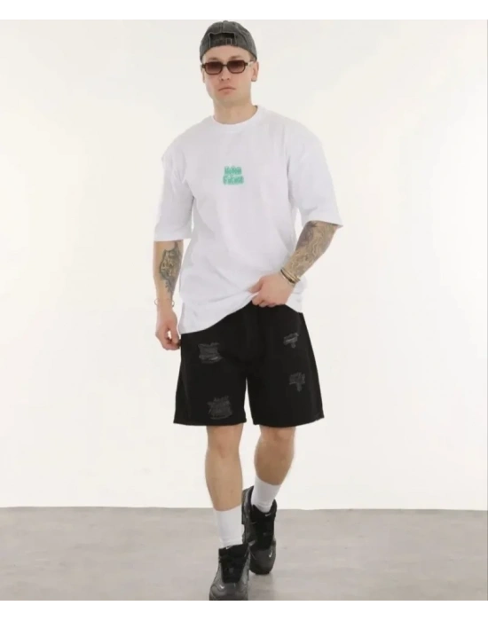 Unisex Bisiklet Yaka Baskılı Oversize Thirt  Beyaz