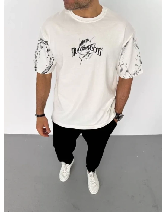 Unisex Bisiklet Yaka Baskılı Oversize Thirt  Beyaz
