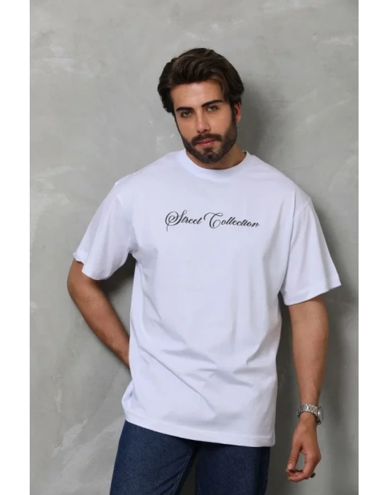 Unisex Bisiklet Yaka Baskılı Oversize Thirt  Beyaz