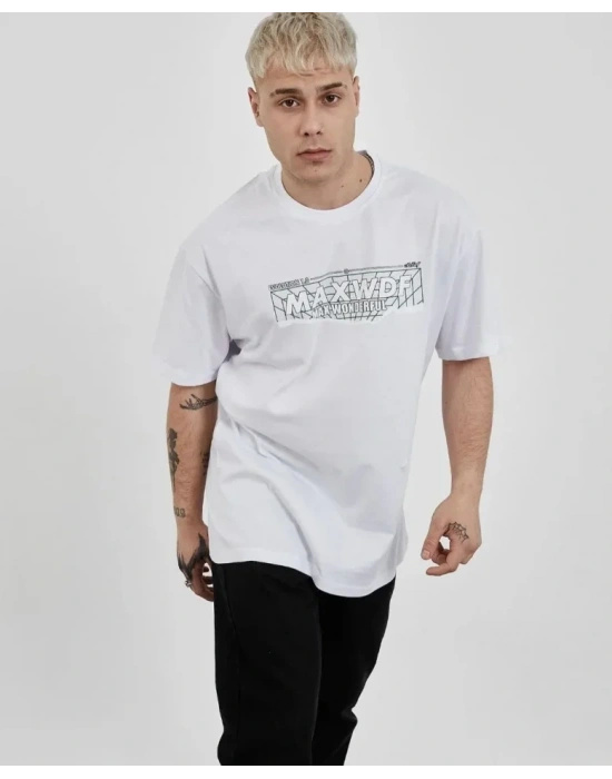 Unisex Bisiklet Yaka Baskılı Oversize Thirt  Beyaz