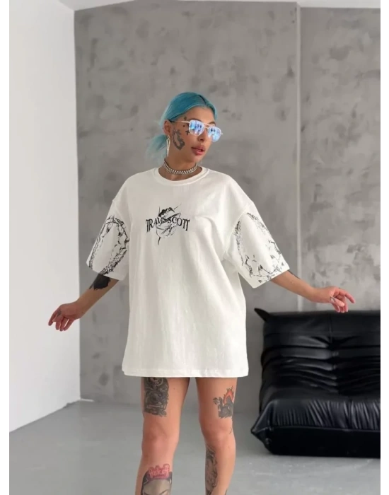 Unisex Bisiklet Yaka Baskılı Oversize Thirt  Beyaz