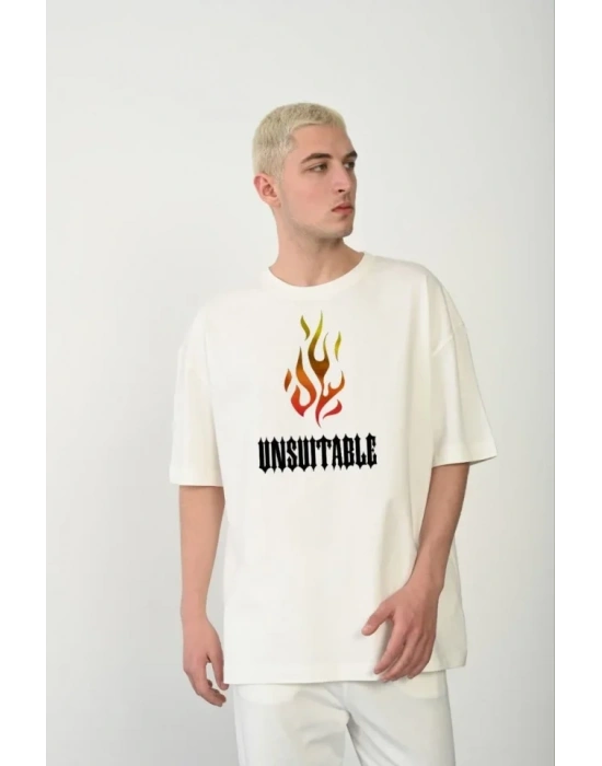 Unisex Bisiklet Yaka Baskılı Oversize Thirt  Beyaz