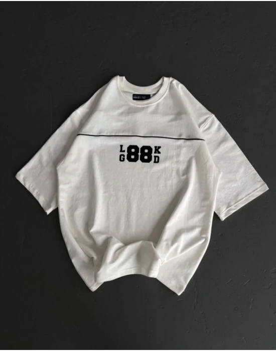 Unisex Bisiklet Yaka Baskılı Oversize Thirt  Beyaz
