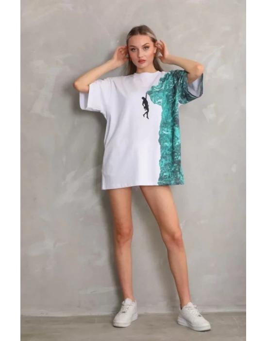 Unisex Bisiklet Yaka Baskılı Oversize Thirt  Beyaz