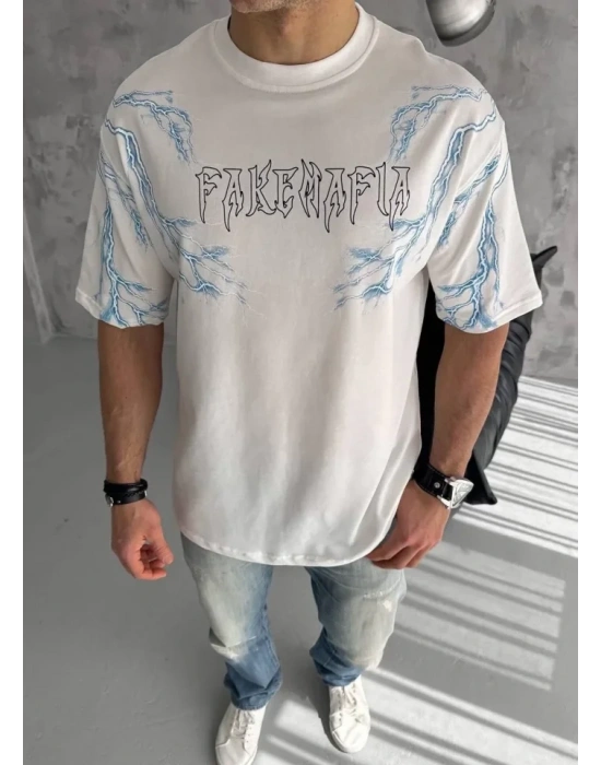 Unisex Bisiklet Yaka Baskılı Oversize Thirt  Beyaz