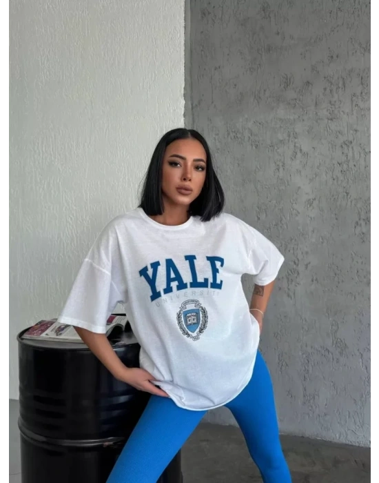 Unisex Bisiklet Yaka Baskılı Oversize Thirt  Beyaz