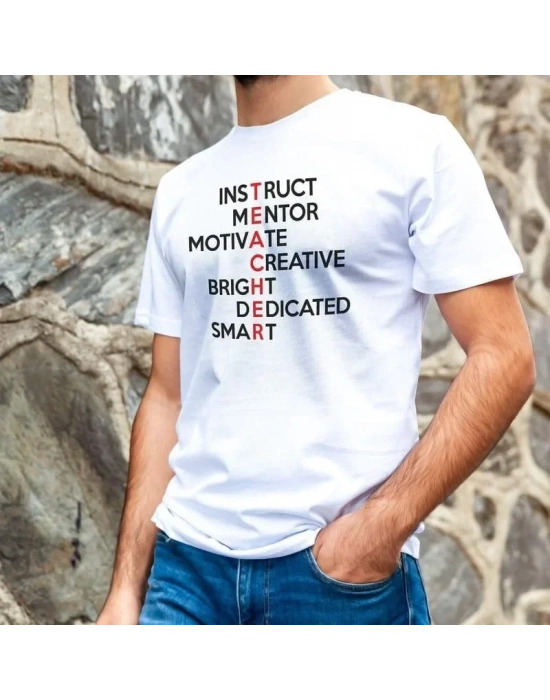 Unisex Bisiklet Yaka Baskılı Oversize Thirt  Beyaz