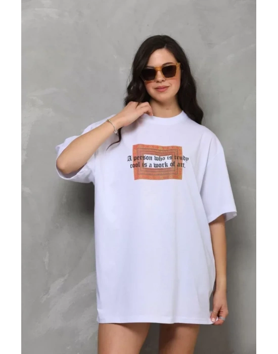 Unisex Bisiklet Yaka Baskılı Oversize Thirt  Beyaz