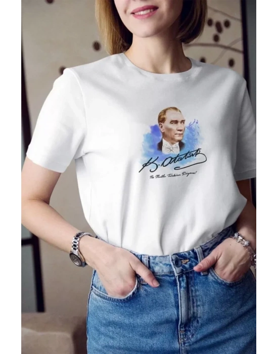 Unisex Bisiklet Yaka Baskılı Oversize Thirt  Beyaz