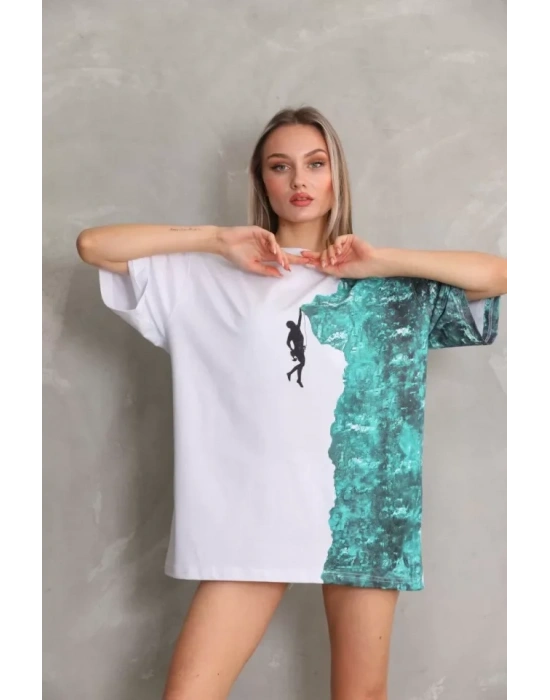 Unisex Bisiklet Yaka Baskılı Oversize Thirt  Beyaz