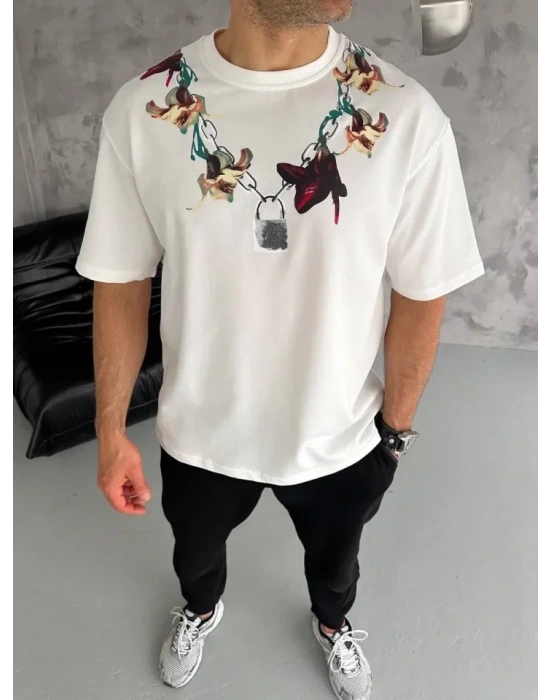 Unisex Bisiklet Yaka Baskılı Oversize Thirt  Beyaz