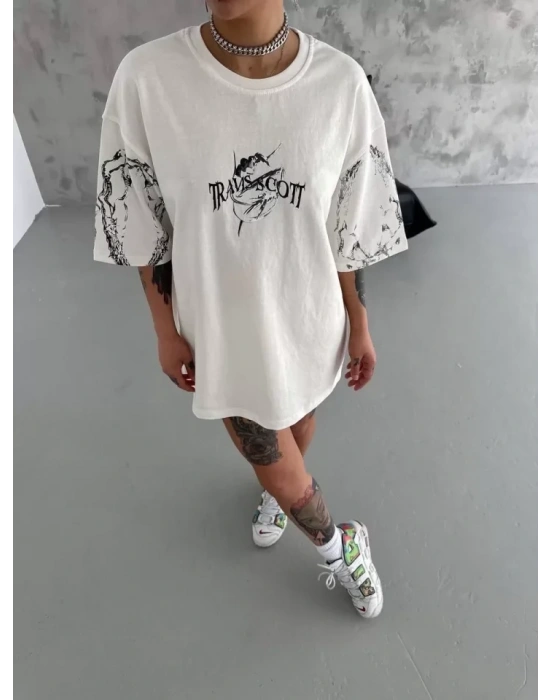 Unisex Bisiklet Yaka Baskılı Oversize Thirt  Beyaz