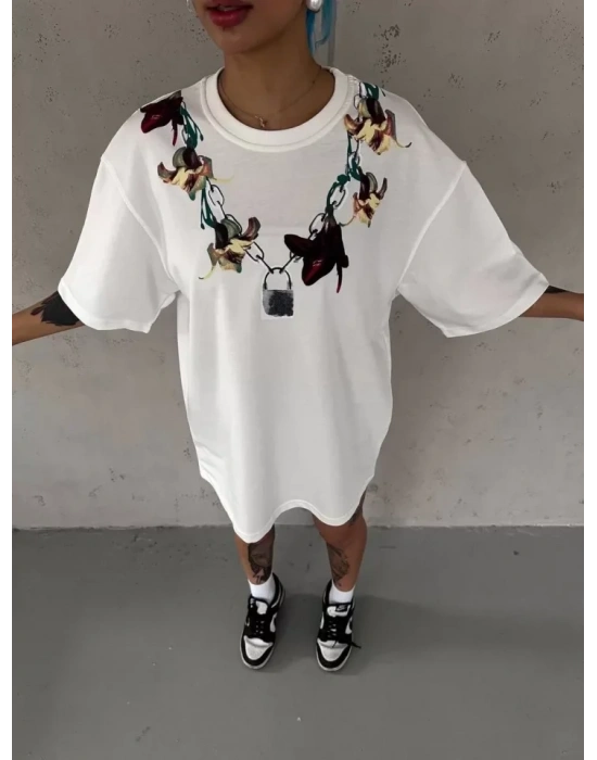 Unisex Bisiklet Yaka Baskılı Oversize Thirt  Beyaz