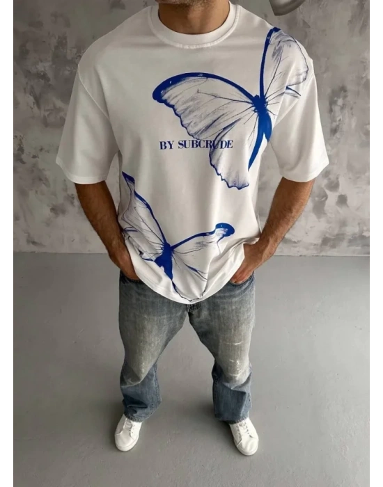 Unisex Bisiklet Yaka Baskılı Oversize Thirt  Beyaz