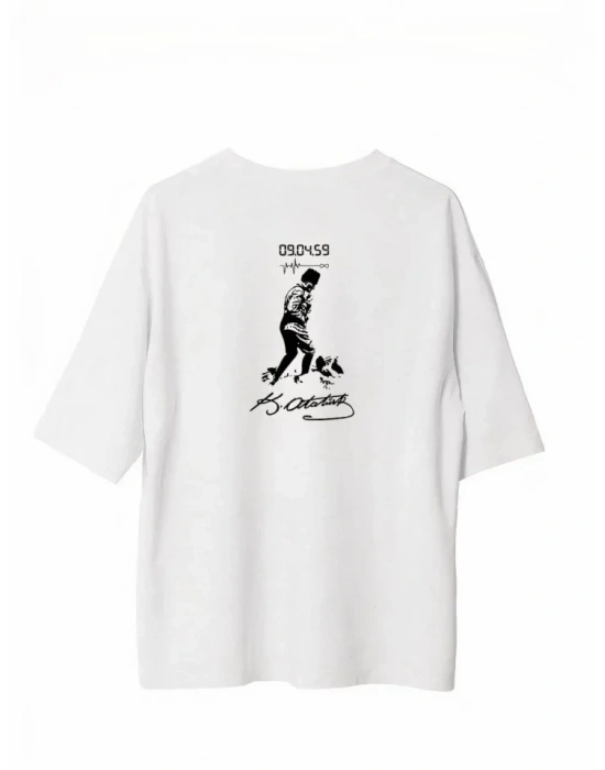 Unisex Bisiklet Yaka Baskılı Oversize Thirt  Beyaz