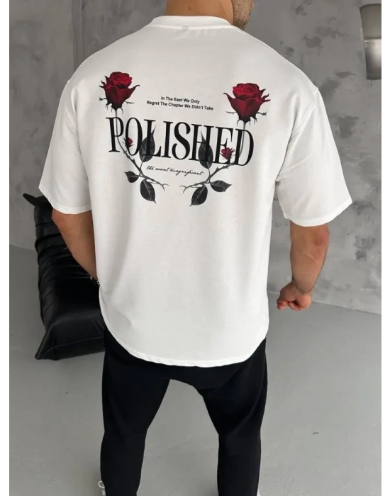 Unisex Bisiklet Yaka Baskılı Oversize Thirt  Beyaz