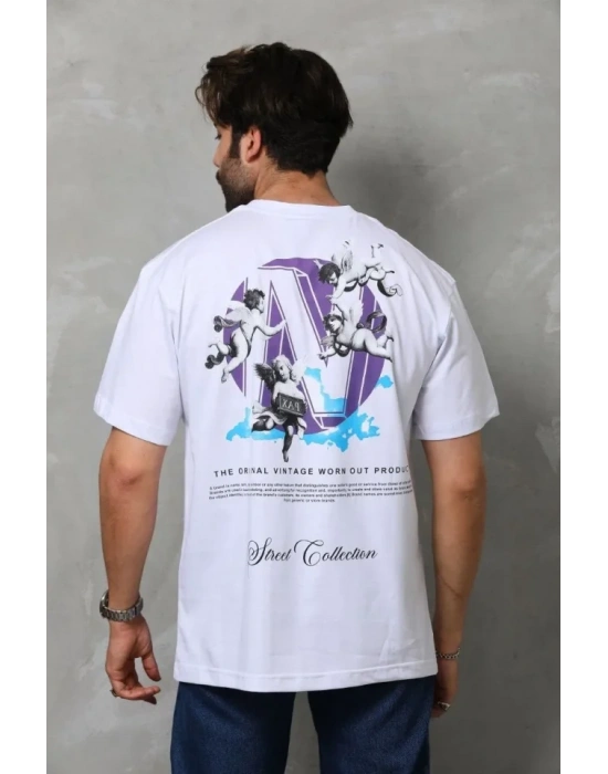 Unisex Bisiklet Yaka Baskılı Oversize Thirt  Beyaz