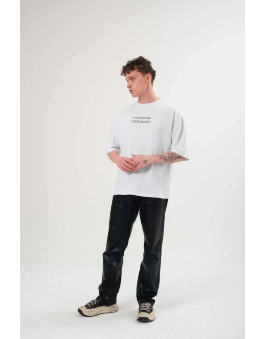 Unisex Bisiklet Yaka Baskılı Oversize Thirt  Beyaz