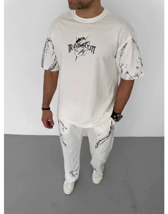 Unisex Bisiklet Yaka Baskılı Oversize Thirt  Beyaz