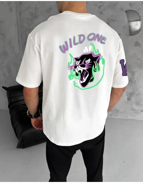 Unisex Bisiklet Yaka Baskılı Oversize Thirt  Beyaz