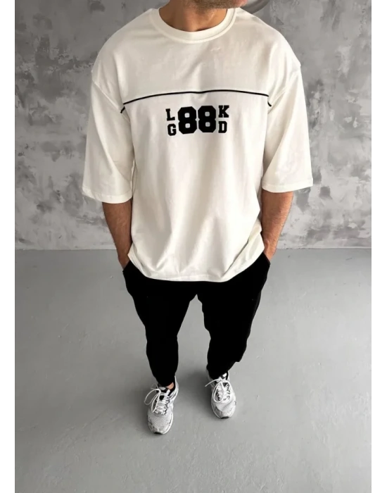 Unisex Bisiklet Yaka Baskılı Oversize Thirt  Beyaz