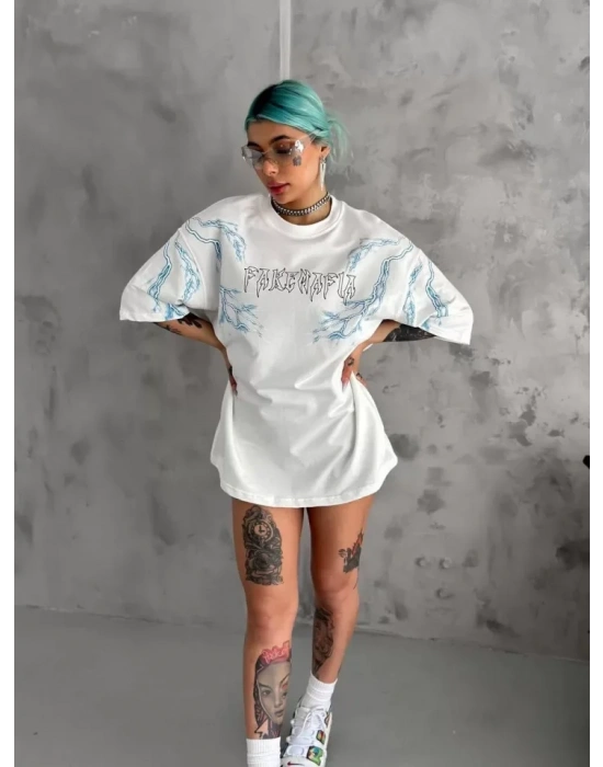 Unisex Bisiklet Yaka Baskılı Oversize Thirt  Beyaz