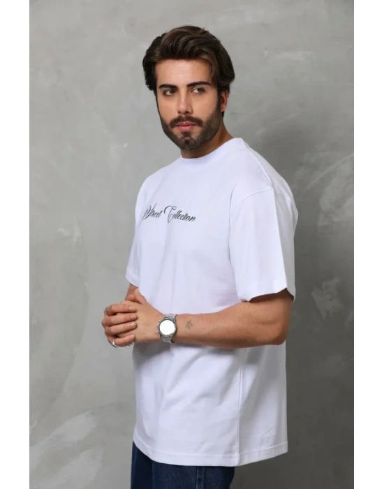 Unisex Bisiklet Yaka Baskılı Oversize Thirt  Beyaz