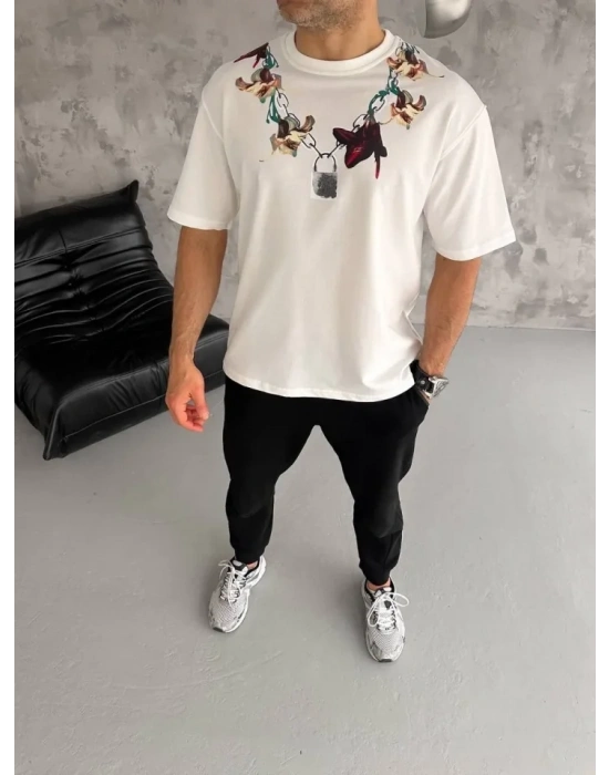 Unisex Bisiklet Yaka Baskılı Oversize Thirt  Beyaz