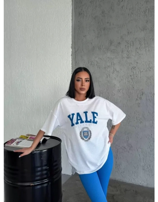 Unisex Bisiklet Yaka Baskılı Oversize Thirt  Beyaz