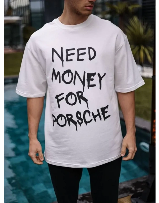 Unisex Bisiklet Yaka Baskılı Oversize Thirt  Beyaz