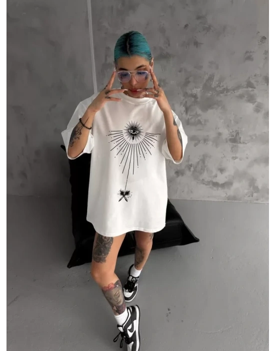 Unisex Bisiklet Yaka Baskılı Oversize Thirt  Beyaz