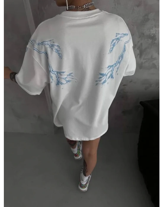 Unisex Bisiklet Yaka Baskılı Oversize Thirt  Beyaz