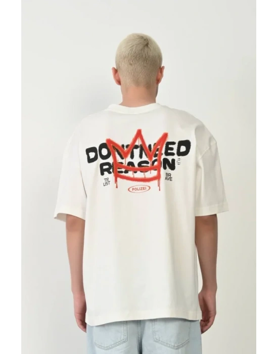 Unisex Bisiklet Yaka Baskılı Oversize Thirt  Beyaz