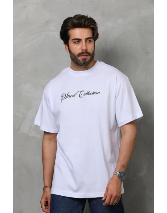 Unisex Bisiklet Yaka Baskılı Oversize Thirt  Beyaz