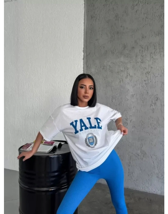 Unisex Bisiklet Yaka Baskılı Oversize Thirt  Beyaz